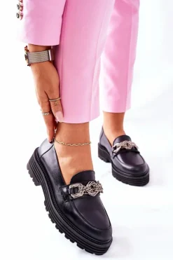 Półbuty Skórzane></noscript>Laura Messi Damskie Półbuty Loafery Skórzane Czarne 2383