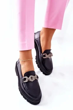 Półbuty Skórzane></noscript>Laura Messi Damskie Półbuty Loafery Skórzane Czarne 2383