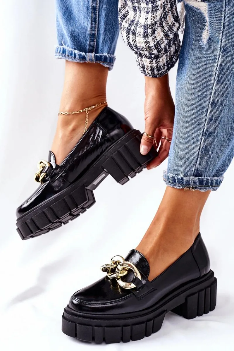 Półbuty Skórzane|Mokasyny Damskie Lakierowane>Laura Messi Damskie Półbuty Loafery Skórzane Czarne 2339