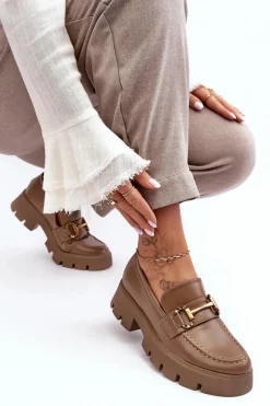 Mokasyny Damskie Lakierowane>Boto Damskie Półbuty Loafery Z Ozdobą Khaki Peuria