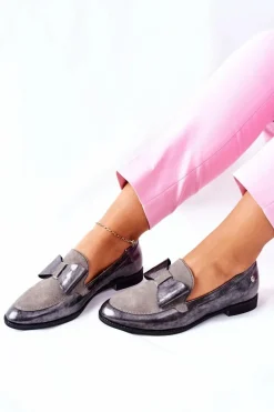 Discount Damskie Półbuty Lakierowane Loafery Szare 04099-03/00-1 Damskie Półbuty Lakierowane|Półbuty Skórzane