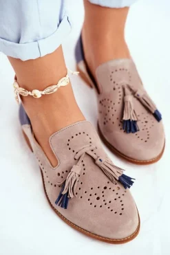 Clearance Damskie Półbuty Skórzane Mokasyny Beżowe 04484-04/00-5 Damskie Półbuty Skórzane