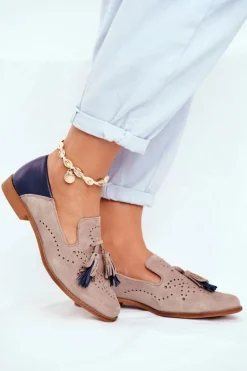 Clearance Damskie Półbuty Skórzane Mokasyny Beżowe 04484-04/00-5 Damskie Półbuty Skórzane