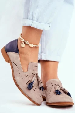 Clearance Damskie Półbuty Skórzane Mokasyny Beżowe 04484-04/00-5 Damskie Półbuty Skórzane