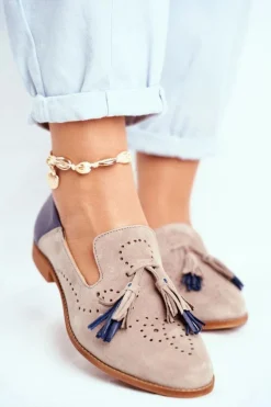 Clearance Damskie Półbuty Skórzane Mokasyny Beżowe 04484-04/00-5 Damskie Półbuty Skórzane