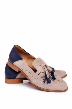 Clearance Damskie Półbuty Skórzane Mokasyny Beżowe 04484-04/00-5 Damskie Półbuty Skórzane