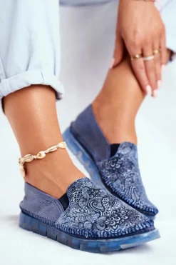 Półbuty Skórzane|Mokasyny Damskie Skórzane>Maciejka Damskie Półbuty Wsuwane Skórzane Granatowe 03512-45