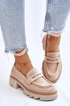 Sale Boto Damskie Półbuty Mokasyny Na Płaskim Obcasie Beżowe Fletcher