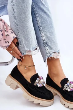 Clearance Damskie Półbuty Mokasyny Z Ozdobami Czarne Issac Damskie Mokasyny Damskie Zamszowe