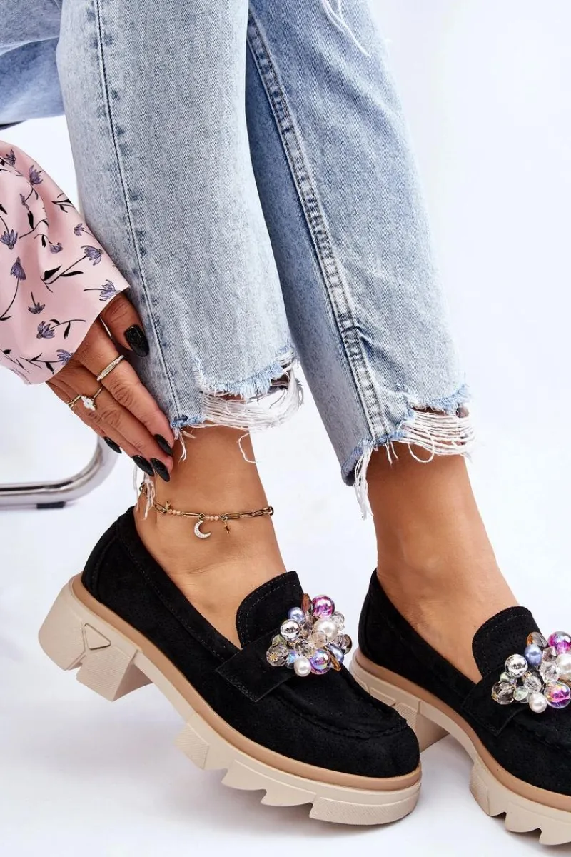 Clearance Damskie Półbuty Mokasyny Z Ozdobami Czarne Issac Damskie Mokasyny Damskie Zamszowe