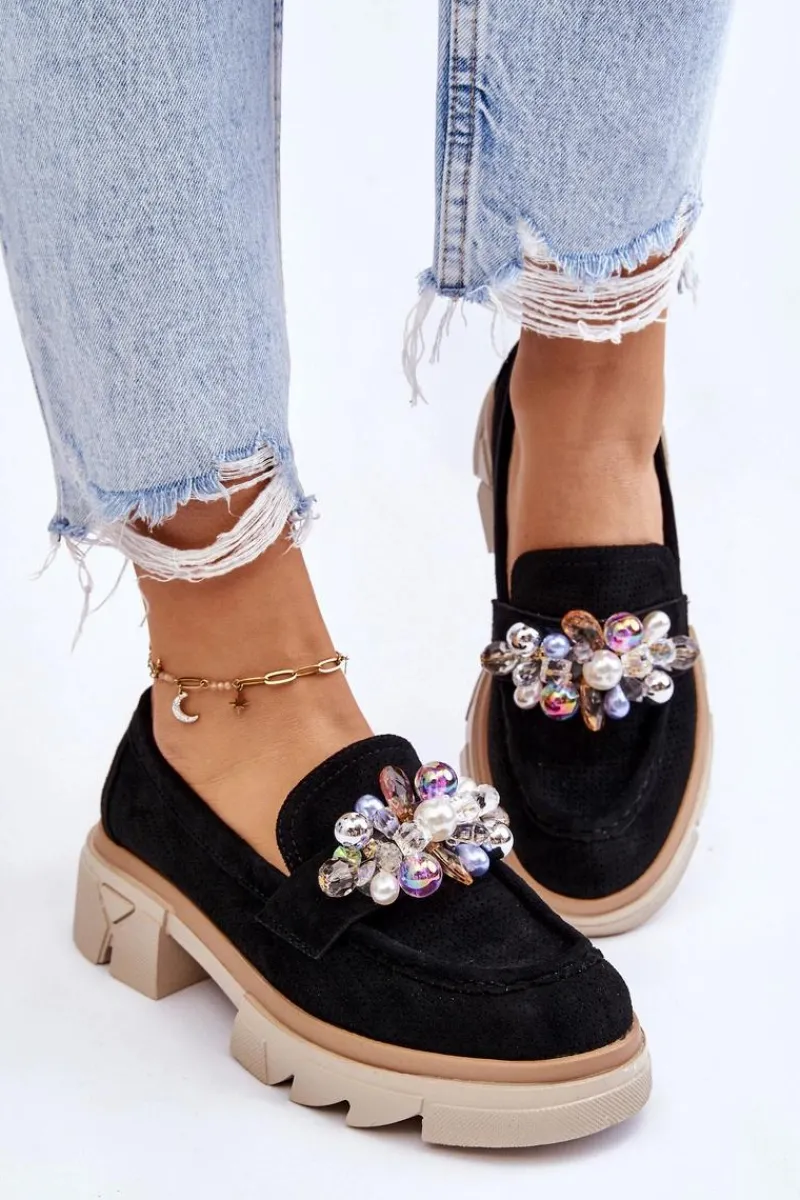 Clearance Damskie Półbuty Mokasyny Z Ozdobami Czarne Issac Damskie Mokasyny Damskie Zamszowe