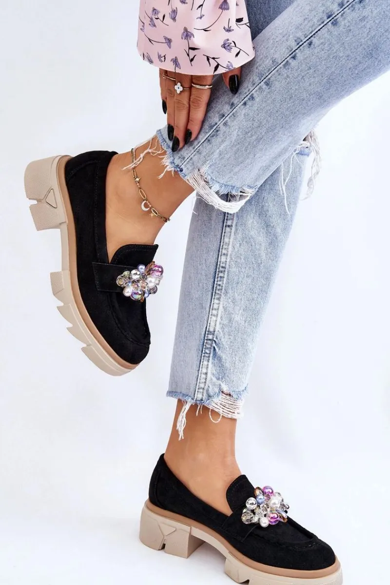 Clearance Damskie Półbuty Mokasyny Z Ozdobami Czarne Issac Damskie Mokasyny Damskie Zamszowe