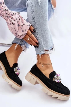 Clearance Damskie Półbuty Mokasyny Z Ozdobami Czarne Issac Damskie Mokasyny Damskie Zamszowe