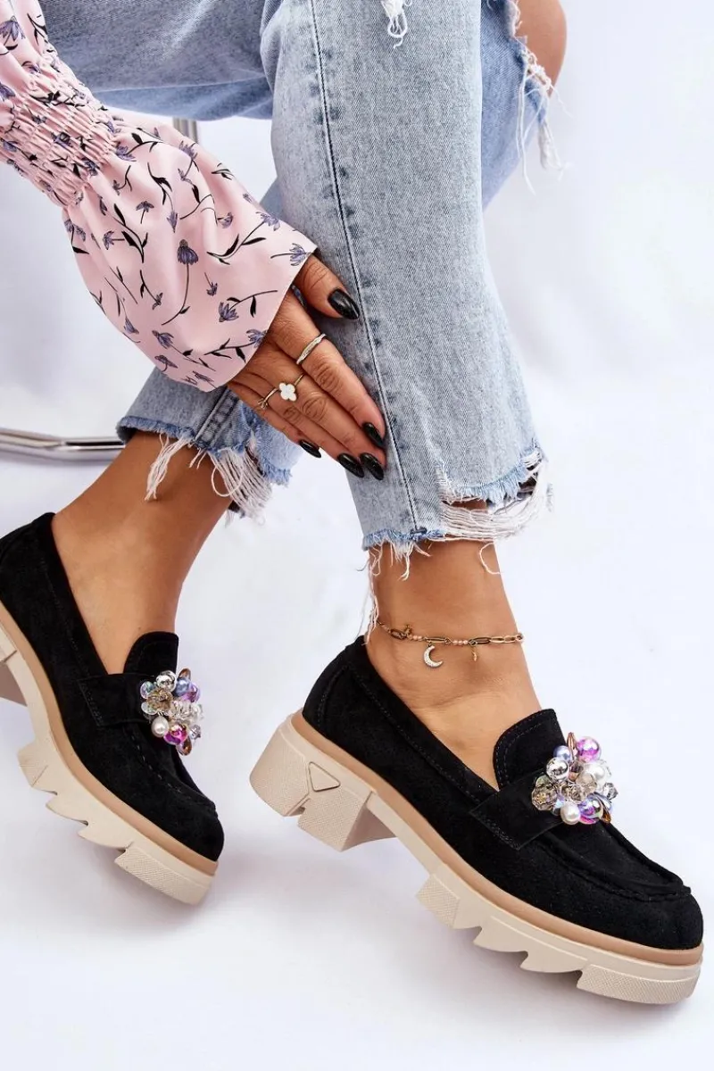 Clearance Damskie Półbuty Mokasyny Z Ozdobami Czarne Issac Damskie Mokasyny Damskie Zamszowe