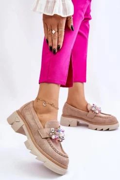 Best Damskie Półbuty Mokasyny Z Ozdobami Beżowe Issac Damskie Mokasyny Damskie Zamszowe