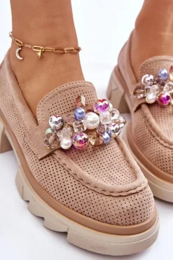 Best Damskie Półbuty Mokasyny Z Ozdobami Beżowe Issac Damskie Mokasyny Damskie Zamszowe