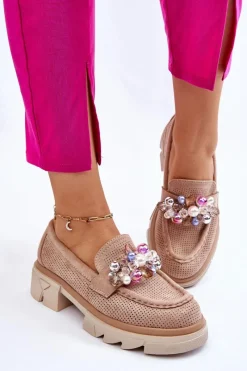 Best Damskie Półbuty Mokasyny Z Ozdobami Beżowe Issac Damskie Mokasyny Damskie Zamszowe