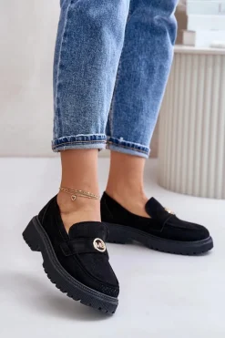 Clearance Damskie Półbuty Mokasyny Ze Złotym Detalem Czarne Arilva Damskie Mokasyny Damskie Zamszowe