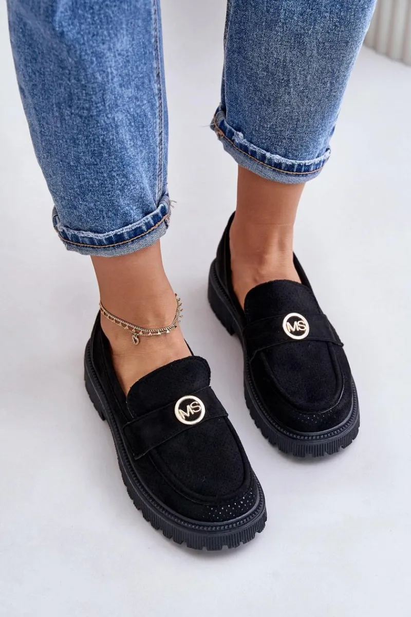 Clearance Damskie Półbuty Mokasyny Ze Złotym Detalem Czarne Arilva Damskie Mokasyny Damskie Zamszowe