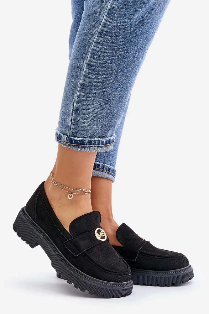 Clearance Damskie Półbuty Mokasyny Ze Złotym Detalem Czarne Arilva Damskie Mokasyny Damskie Zamszowe