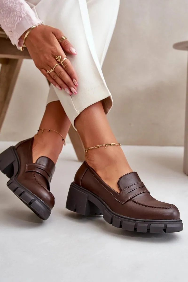 Półbuty Skórzane>Boto Damskie Półbuty Na Niskim Obcasie Z Eko Skóry Ciemnobrązowe Menloa