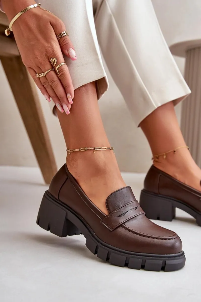 Półbuty Skórzane>Boto Damskie Półbuty Na Niskim Obcasie Z Eko Skóry Ciemnobrązowe Menloa