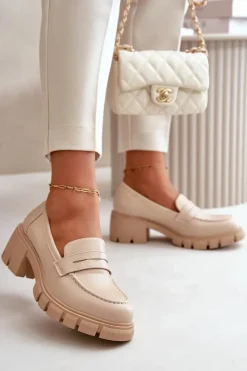 Discount Boto Damskie Półbuty Na Niskim Obcasie Z Eko Skóry Beżowe Menloa