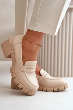 Discount Boto Damskie Półbuty Na Niskim Obcasie Z Eko Skóry Beżowe Menloa