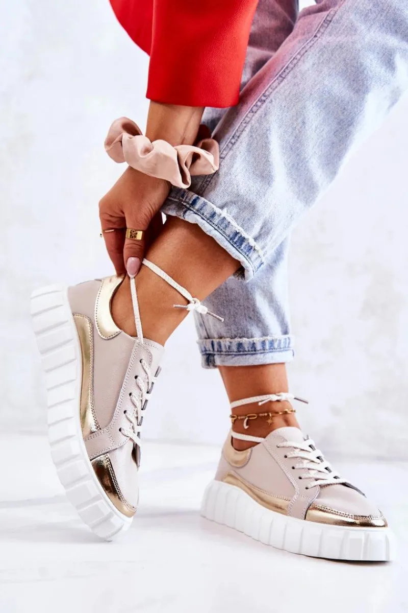 Best Damskie buty S.Barski Damskie Półbuty Na Platformie Beżowo-Złote Noriso