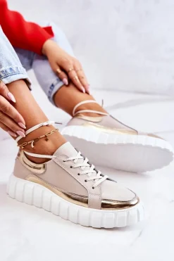 Best Damskie buty S.Barski Damskie Półbuty Na Platformie Beżowo-Złote Noriso