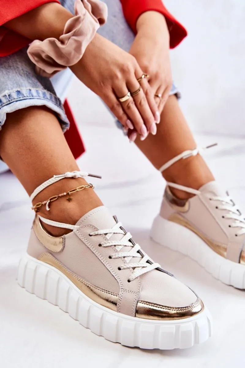 Best Damskie buty S.Barski Damskie Półbuty Na Platformie Beżowo-Złote Noriso