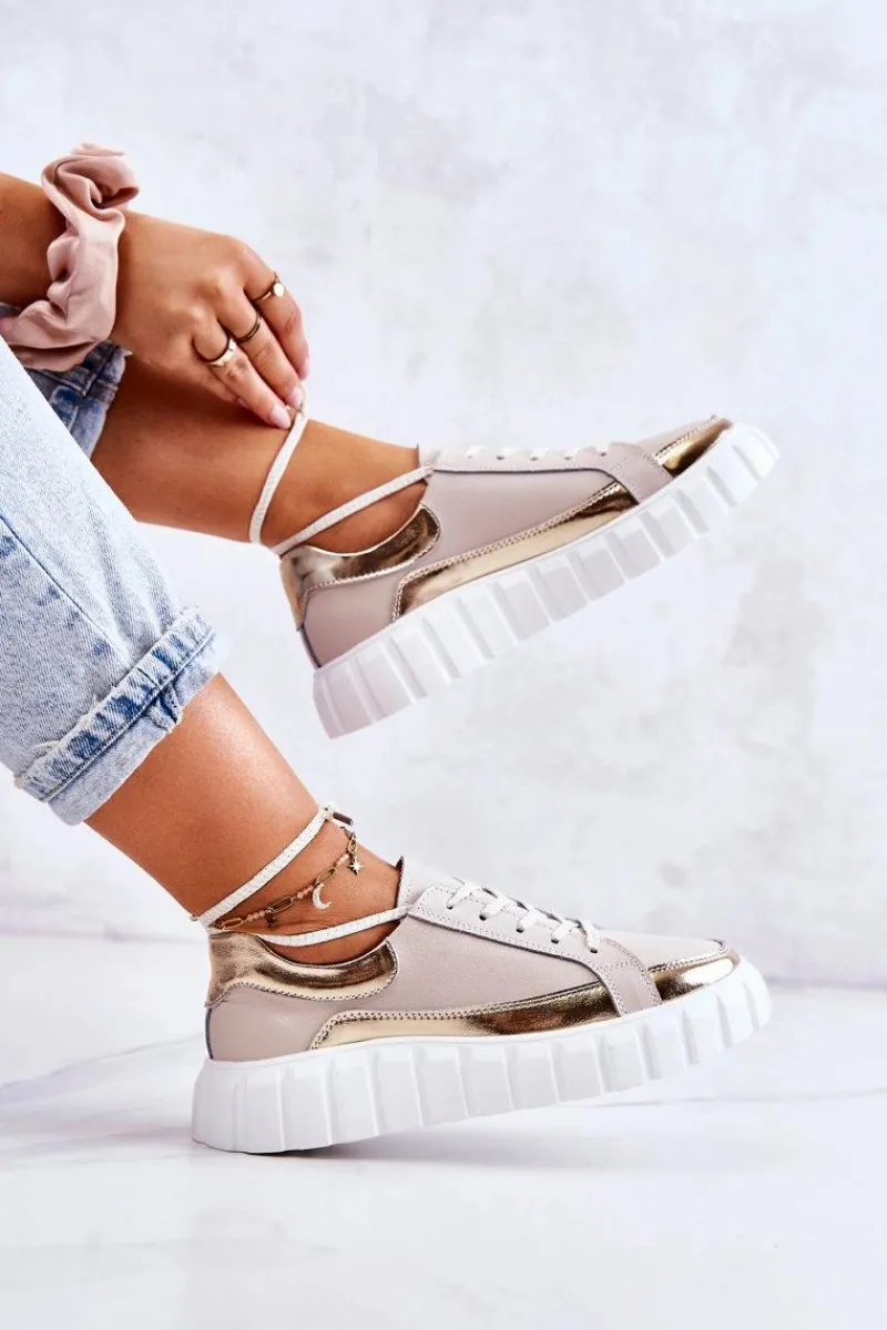 Best Damskie buty S.Barski Damskie Półbuty Na Platformie Beżowo-Złote Noriso