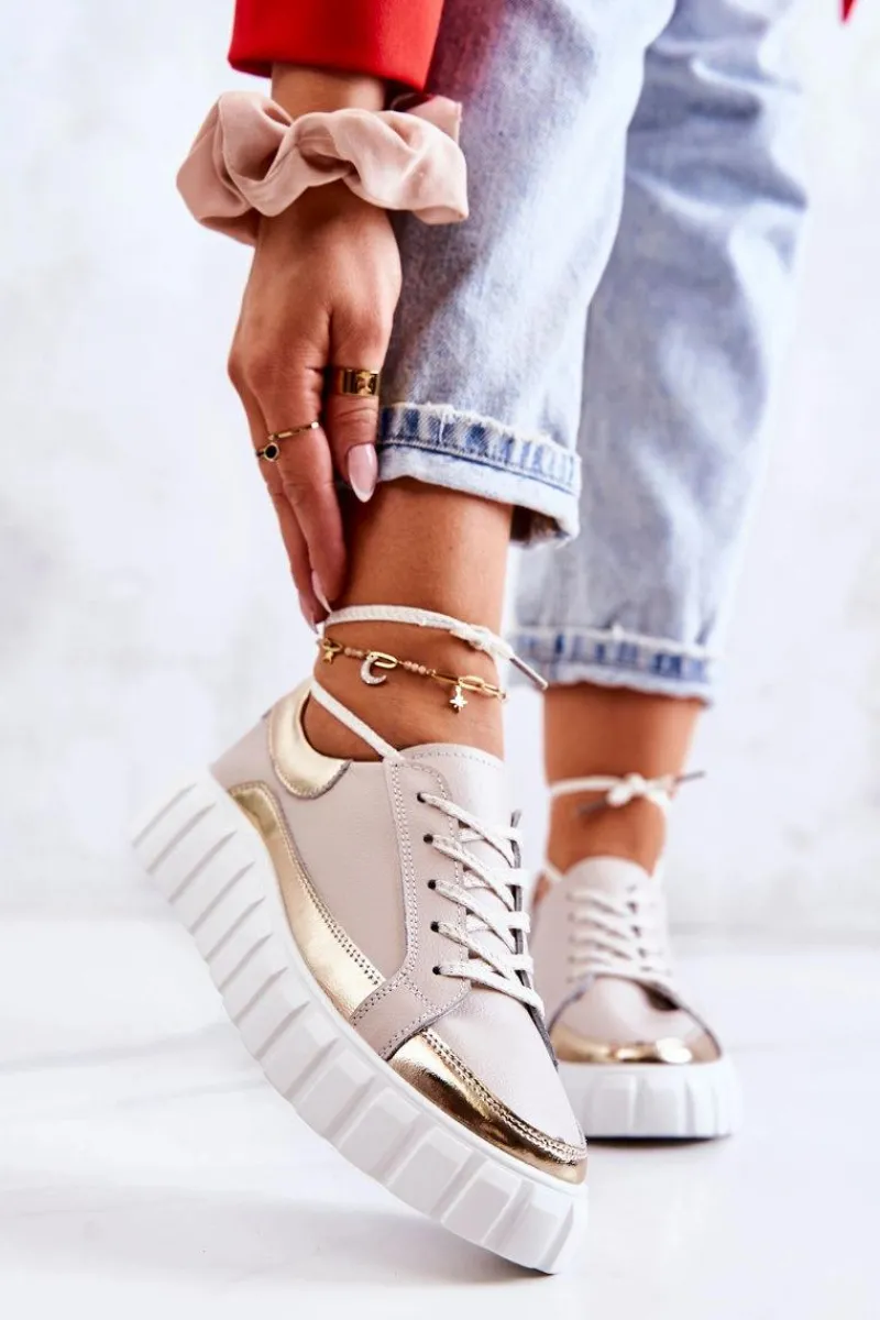 Best Damskie buty S.Barski Damskie Półbuty Na Platformie Beżowo-Złote Noriso