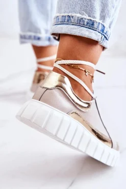 Best Damskie buty S.Barski Damskie Półbuty Na Platformie Beżowo-Złote Noriso