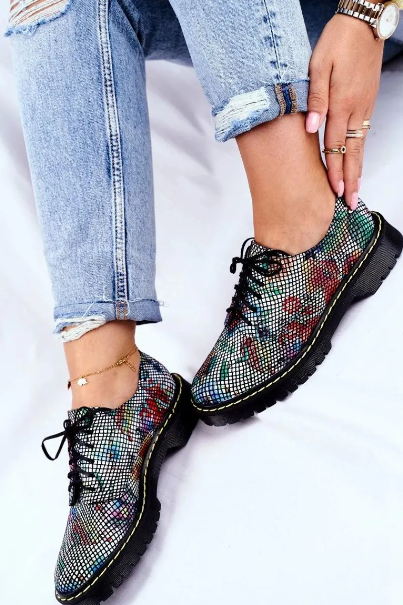 Outlet Damskie Półbuty Oxfordy Kwiaty Skórzane 04087-43 Damskie Półbuty Skórzane