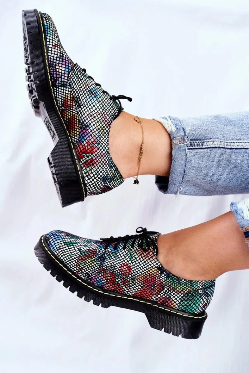 Outlet Damskie Półbuty Oxfordy Kwiaty Skórzane 04087-43 Damskie Półbuty Skórzane