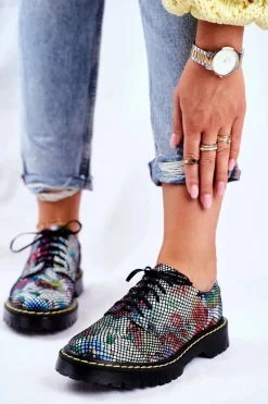 Outlet Damskie Półbuty Oxfordy Kwiaty Skórzane 04087-43 Damskie Półbuty Skórzane