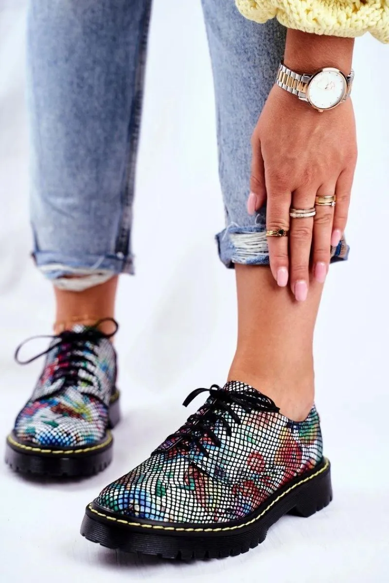 Outlet Damskie Półbuty Oxfordy Kwiaty Skórzane 04087-43 Damskie Półbuty Skórzane