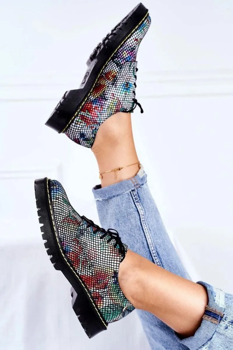 Outlet Damskie Półbuty Oxfordy Kwiaty Skórzane 04087-43 Damskie Półbuty Skórzane