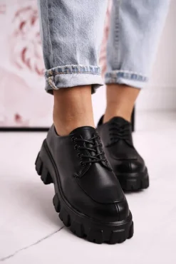 New Damskie Półbuty Oxfordy Na Masywnej Platformie S.Barski HX23 Czarne Damskie Półbuty Lakierowane