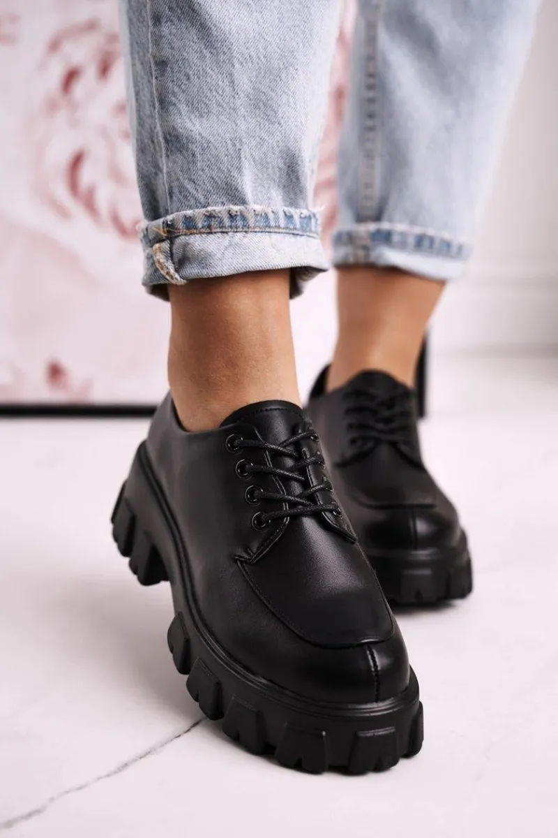 New Damskie Półbuty Oxfordy Na Masywnej Platformie S.Barski HX23 Czarne Damskie Półbuty Lakierowane