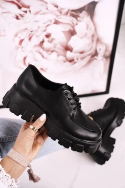 New Damskie Półbuty Oxfordy Na Masywnej Platformie S.Barski HX23 Czarne Damskie Półbuty Lakierowane