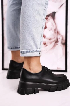 New Damskie Półbuty Oxfordy Na Masywnej Platformie S.Barski HX23 Czarne Damskie Półbuty Lakierowane