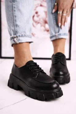 New Damskie Półbuty Oxfordy Na Masywnej Platformie S.Barski HX23 Czarne Damskie Półbuty Lakierowane