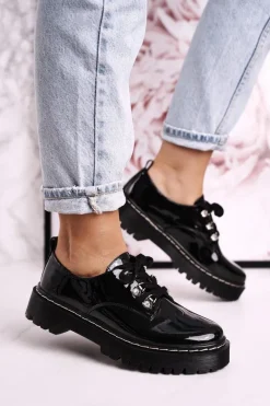 Hot Damskie Półbuty Oxfordy Na Platformie S.Barski HX15 Lakierowane Czarne Damskie Półbuty Lakierowane