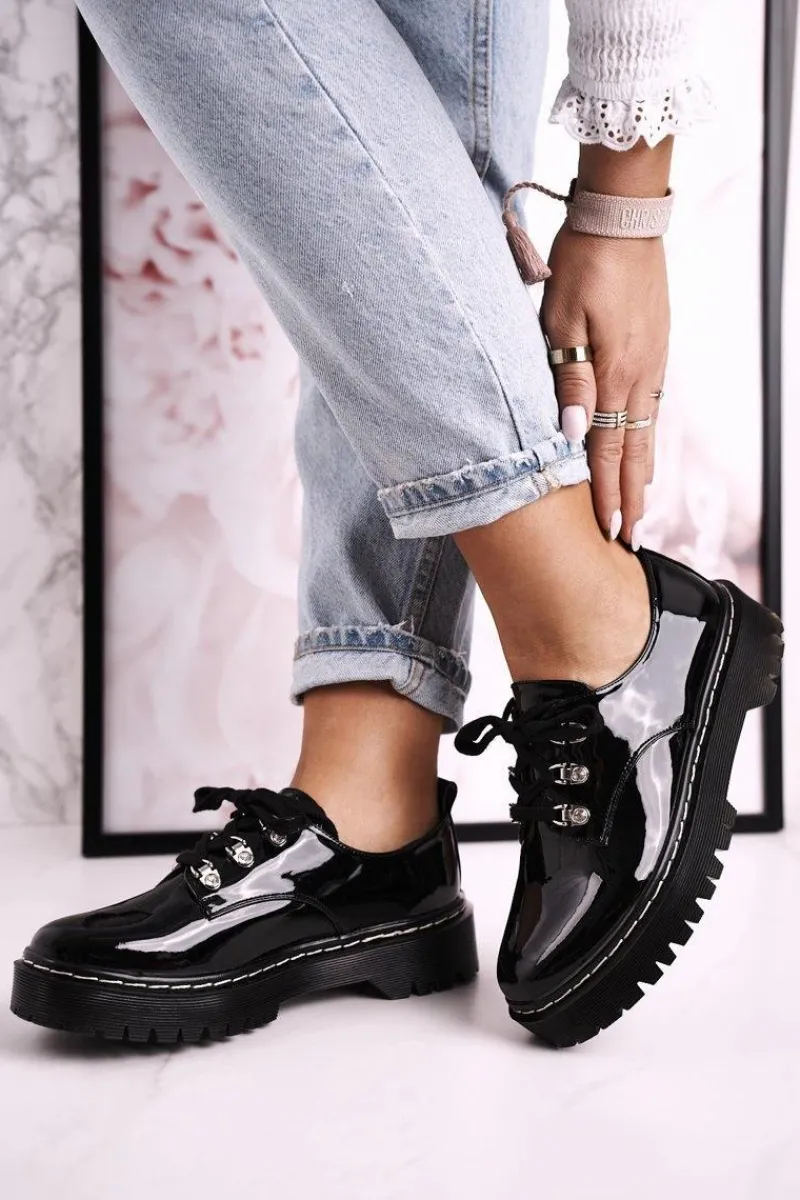 Hot Damskie Półbuty Oxfordy Na Platformie S.Barski HX15 Lakierowane Czarne Damskie Półbuty Lakierowane