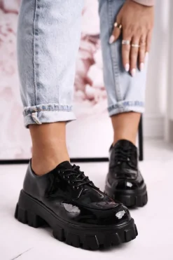 Clearance Damskie buty S.Barski Damskie Półbuty Oxfordy Na Masywnej Platformie S.Barski HX23 Lakierowane Czarne