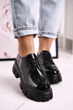 Clearance Damskie buty S.Barski Damskie Półbuty Oxfordy Na Masywnej Platformie S.Barski HX23 Lakierowane Czarne