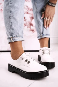 Outlet Damskie buty S.Barski Damskie Półbuty Oxfordy Na Platformie S.Barski HX15 Lakierowane Białe