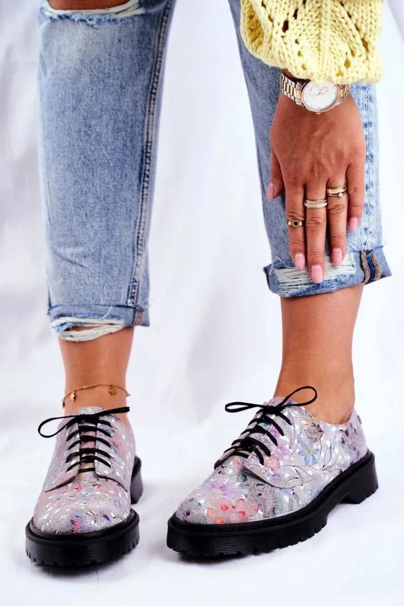 Półbuty Skórzane>Maciejka Damskie Półbuty Oxfordy Popiel Skórzane 04087-13